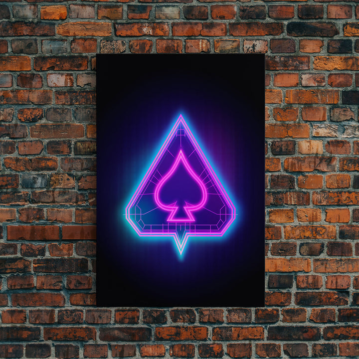 Glowing Neon Lights Pink Spades Wall Decor, Poker Wall Art, Cards, Minimalist Print, Wall Decor, Canvas Print, Wall Art, Framed Canvas