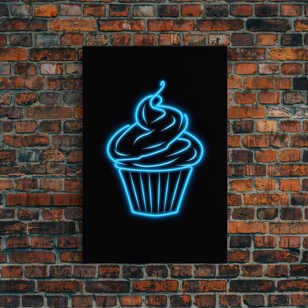Blue Neon Lights Cupcake Wall Decor, Kitchen Wall Art, Glowing Art, Minimalist Print, Wall Decor, Canvas Print, Wall Art, Framed Canvas