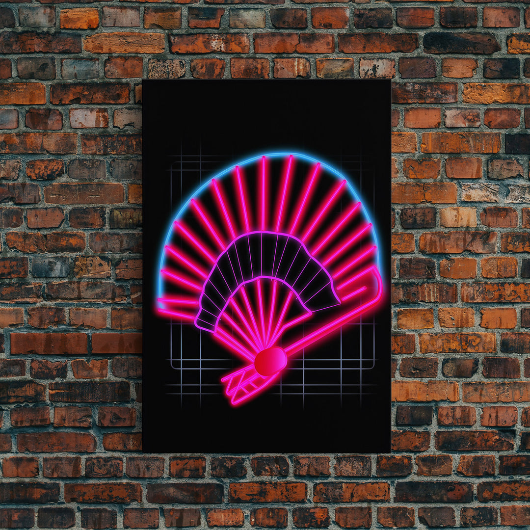 Neon Lights Folding Fan Wall Art, Line Art Print, Pink, Glowing Art, Minimalist Print, Wall Decor, Canvas Print, Wall Art, Framed Canvas