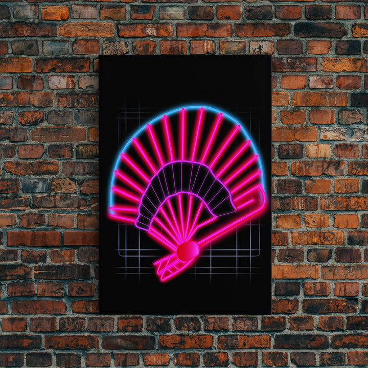 Neon Lights Folding Fan Wall Art, Line Art Print, Pink, Glowing Art, Minimalist Print, Wall Decor, Canvas Print, Wall Art, Framed Canvas
