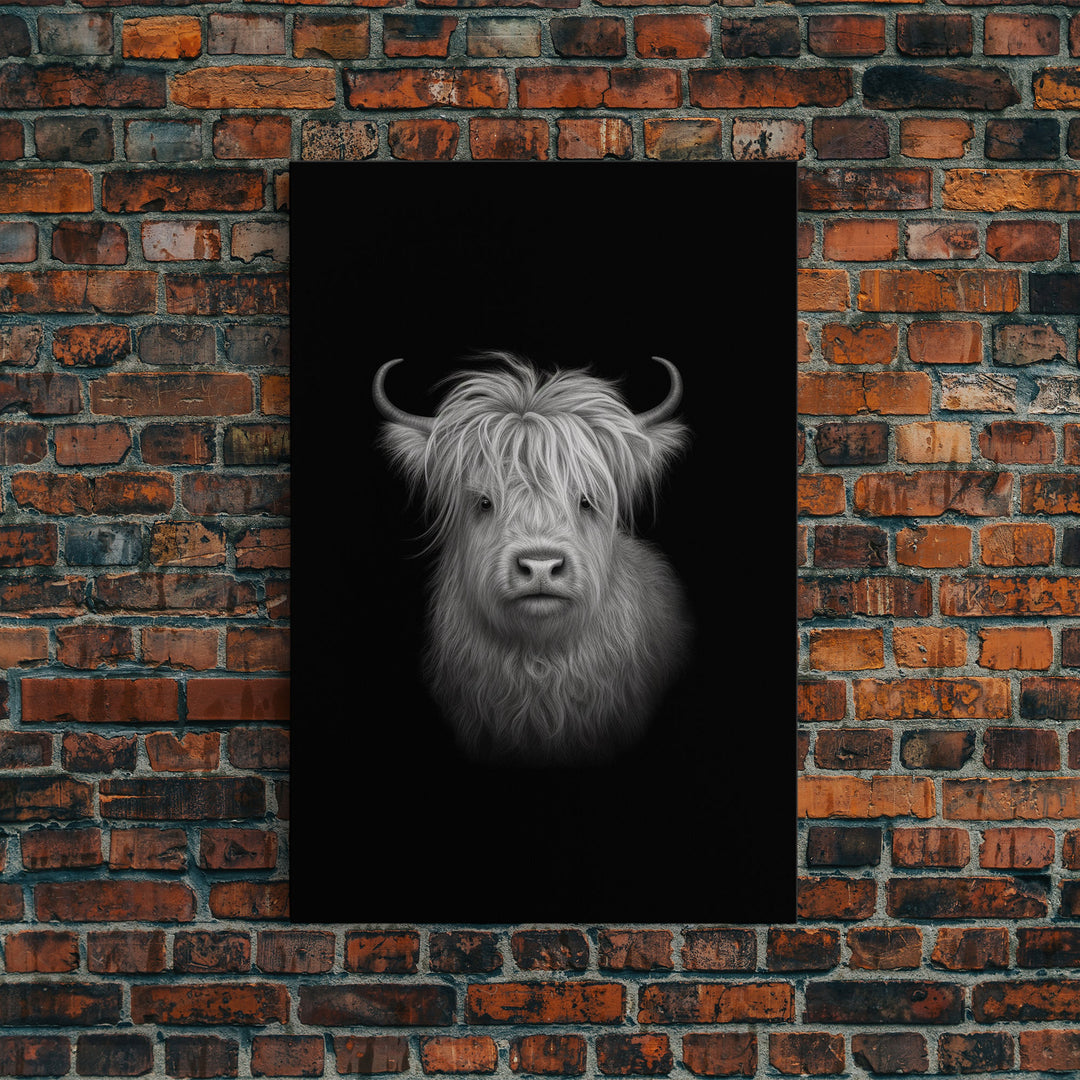 Highland Cow Art Print, Black And White, Animal Wall Decor, Minimalist Art, Wall Decor, Canvas Art, Wall Art, Framed Canvas Wall Decor