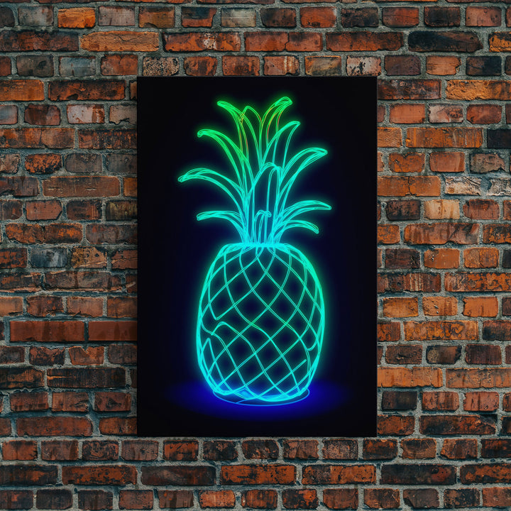 Green Neon Lights Pineapple Wall Decor, Fruit Art, Kitchen Wall Art, Minimalist Print, Wall Decor, Canvas Print, Wall Art, Framed Canvas