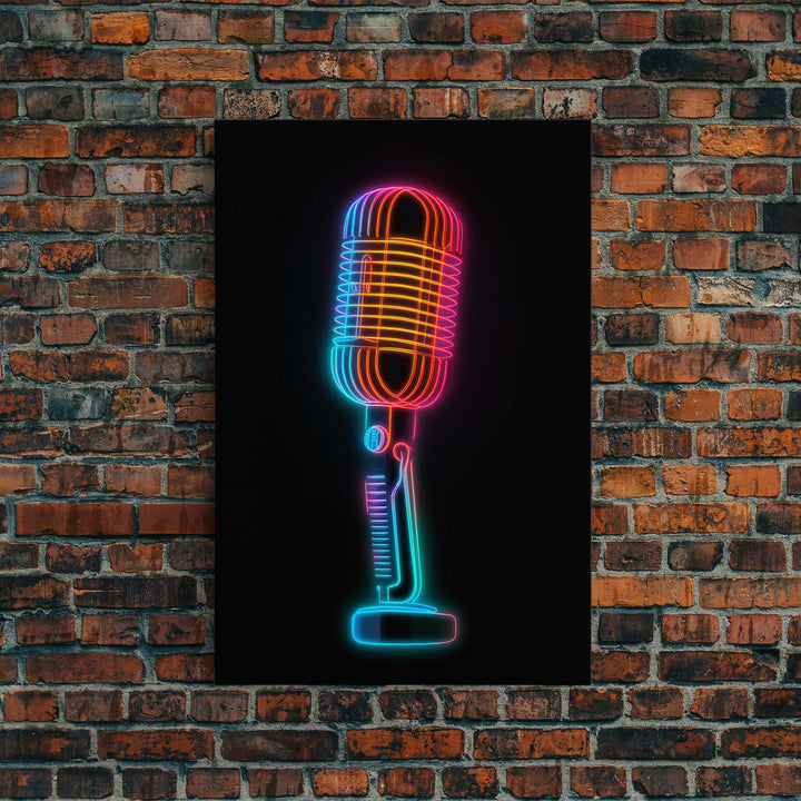Neon Lights Retro Microphone Wall Art, Vibrant Art, Music Room Wall Art, Minimalist Print, Wall Decor, Canvas Print, Wall Art, Framed Canvas