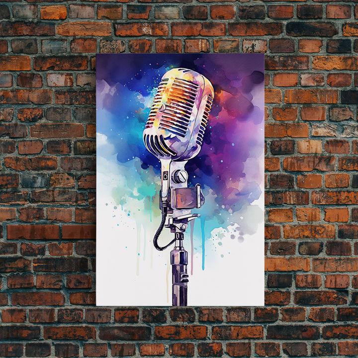 Neon Graffiti Splatter Paint Microphone Art, Vintage Microphone Painting Framed Canvas Print, Studio Wall Art, Music Studio Decor