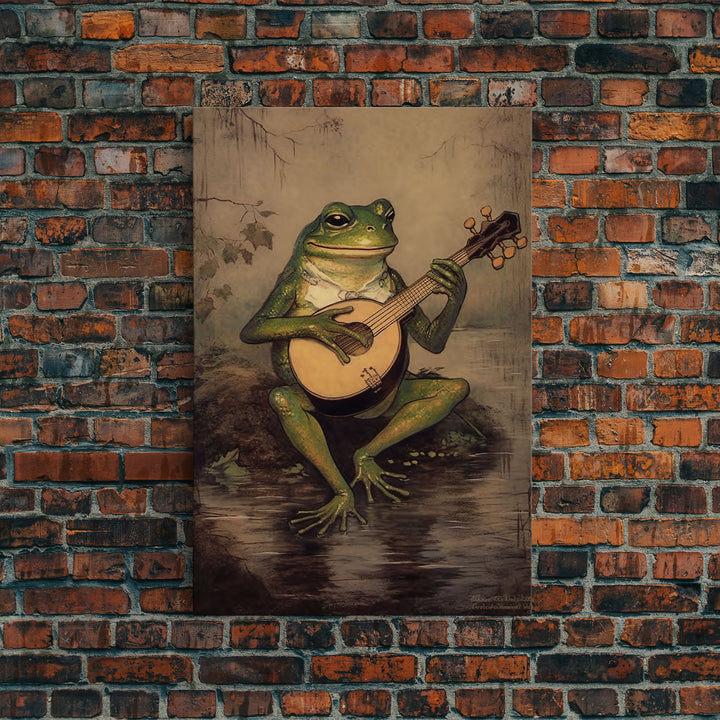 The Banjo Toad, Frog Playing A Banjo In The Moonlight, Vintage Canvas Print or Poster, Funny Frog Art, Retro Art, Vintage Print