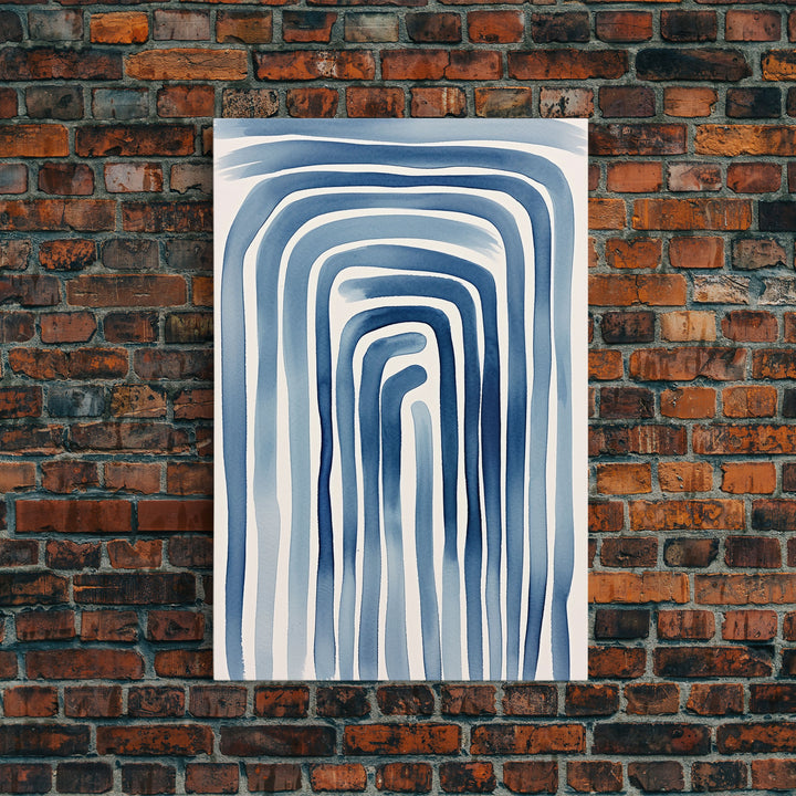 Framed Canvas Print Watercolor Blue Geometric Pastel Lines, Minimalist Abstract Room Decor, Mid-Century Modern Art Print, Retro Art