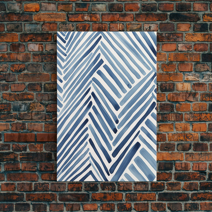 Framed Canvas Print Watercolor Blue Geometric Pastel Lines, Minimalist Abstract Room Decor, Mid-Century Modern Art Print, Retro Art