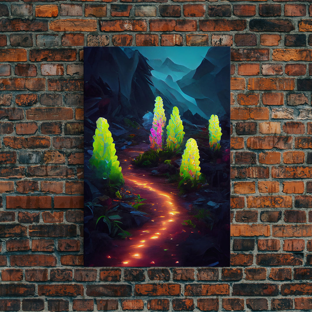 Magical forest canvas print, glowing mushroom art, fantasy forest wall art, gloomy dark home decor, luminescent forest trail wall art