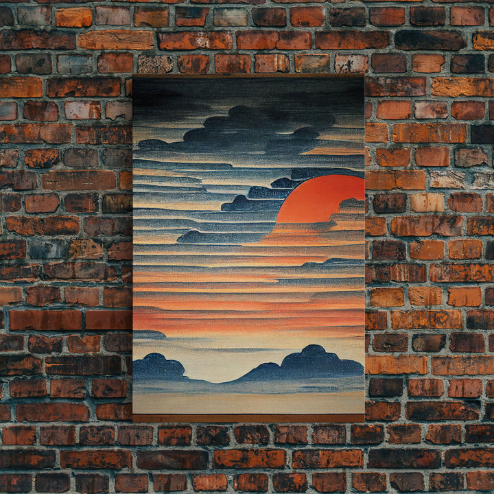 Japanese style wall art, sunrise over the mountains, canvas print, woodblock print style art, Hokusai style wall art