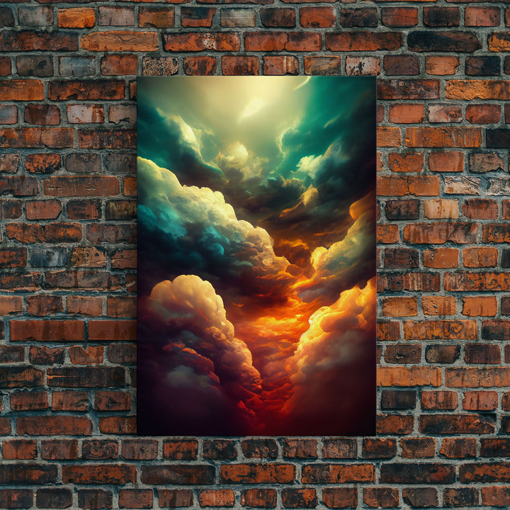 Watercolor painting canvas print of a thunder storm, gloomy wall art, golden hour, cool rain storm wall art, stormy skies