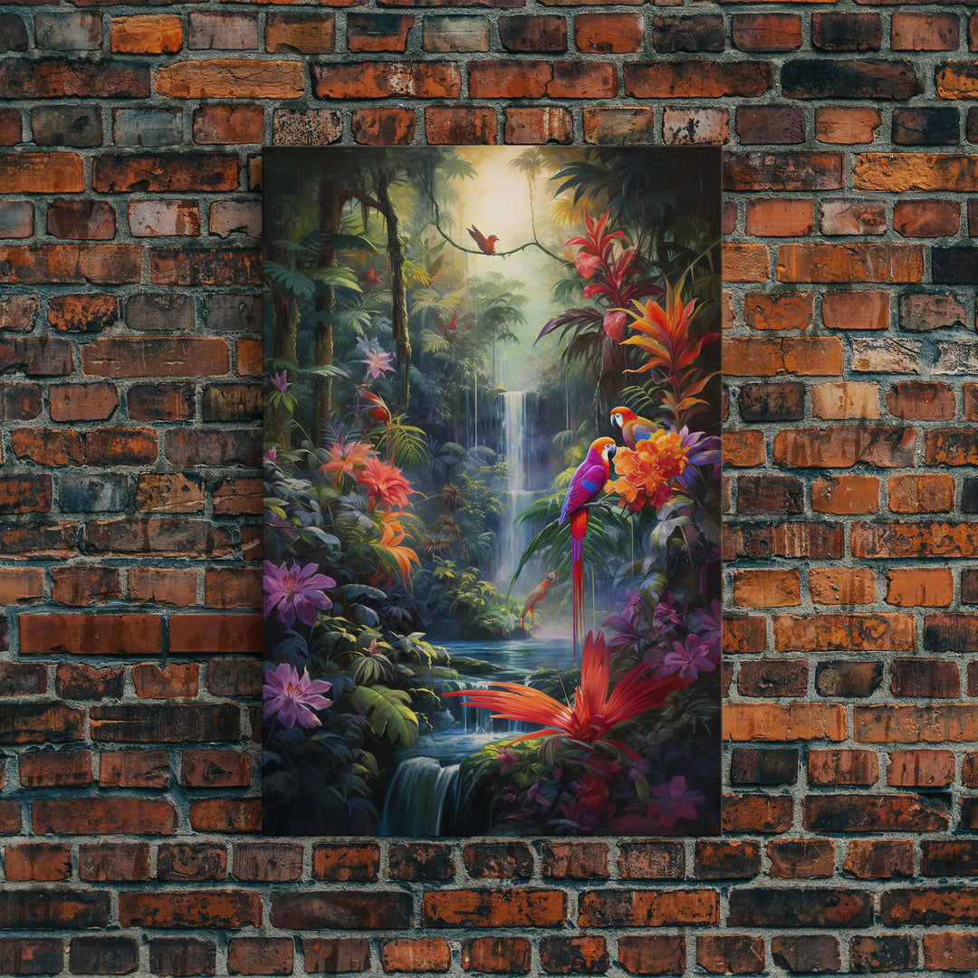 Jungle Wall Art, Vibrant Art, Birds Wall Print, Waterfalls Wall Art, Canvas Print, Wall Art, Vertical Art, Tropical Art, Apartment Wall Art