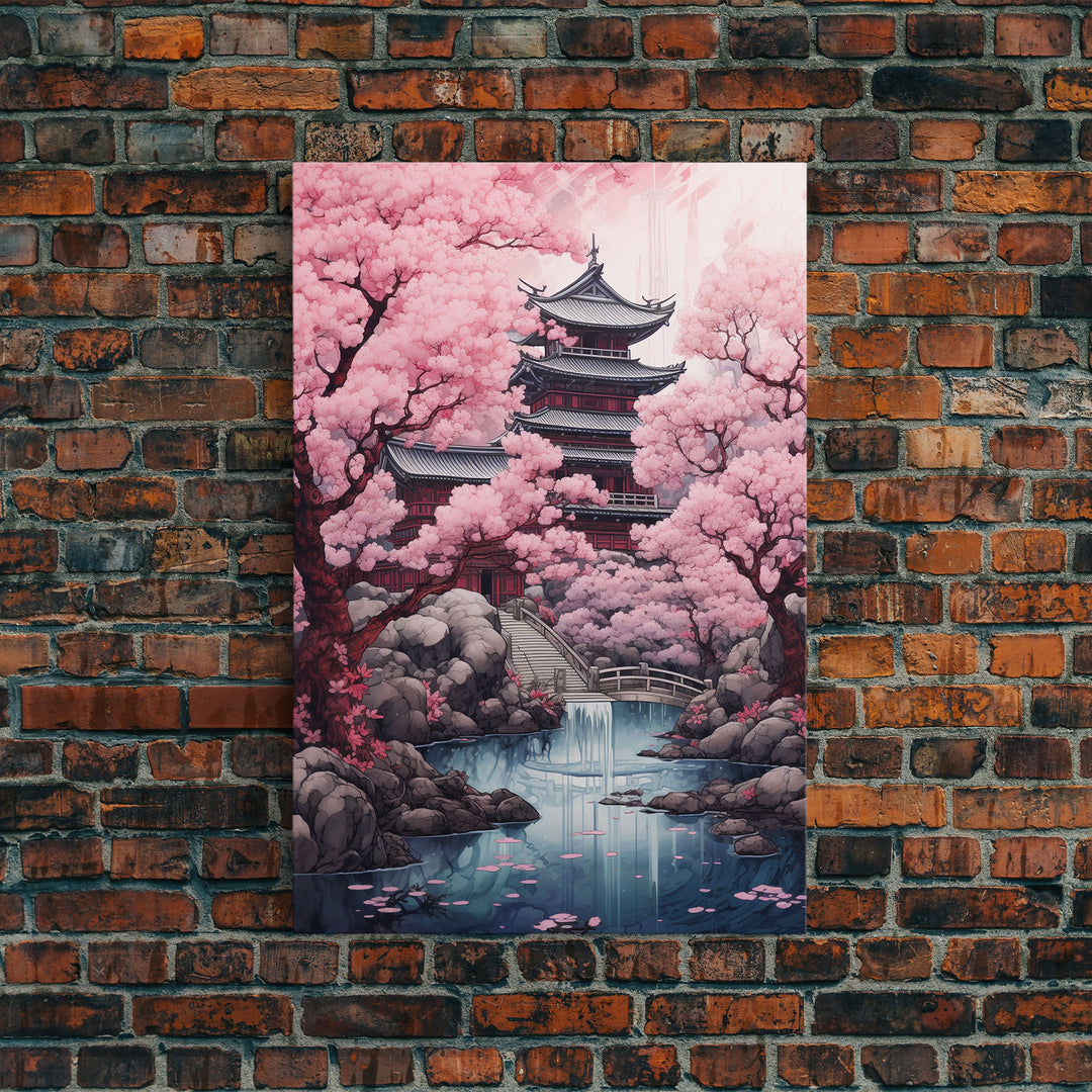 Pagoda Wall Art, Japanese Wall Art, Asian Art, Cherry Blossom Tree, Canvas Print, Wall Art, Vertical Art, Engagement Gift, Prints Wall Art