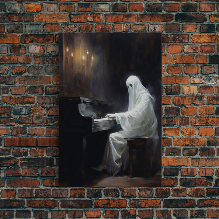 Spooky White Ghost Playing A Piano, Gothic Victorian Halloween Art, Halloween Decoration / Wall Art, Skeleton Art, Gothic Oil Painting