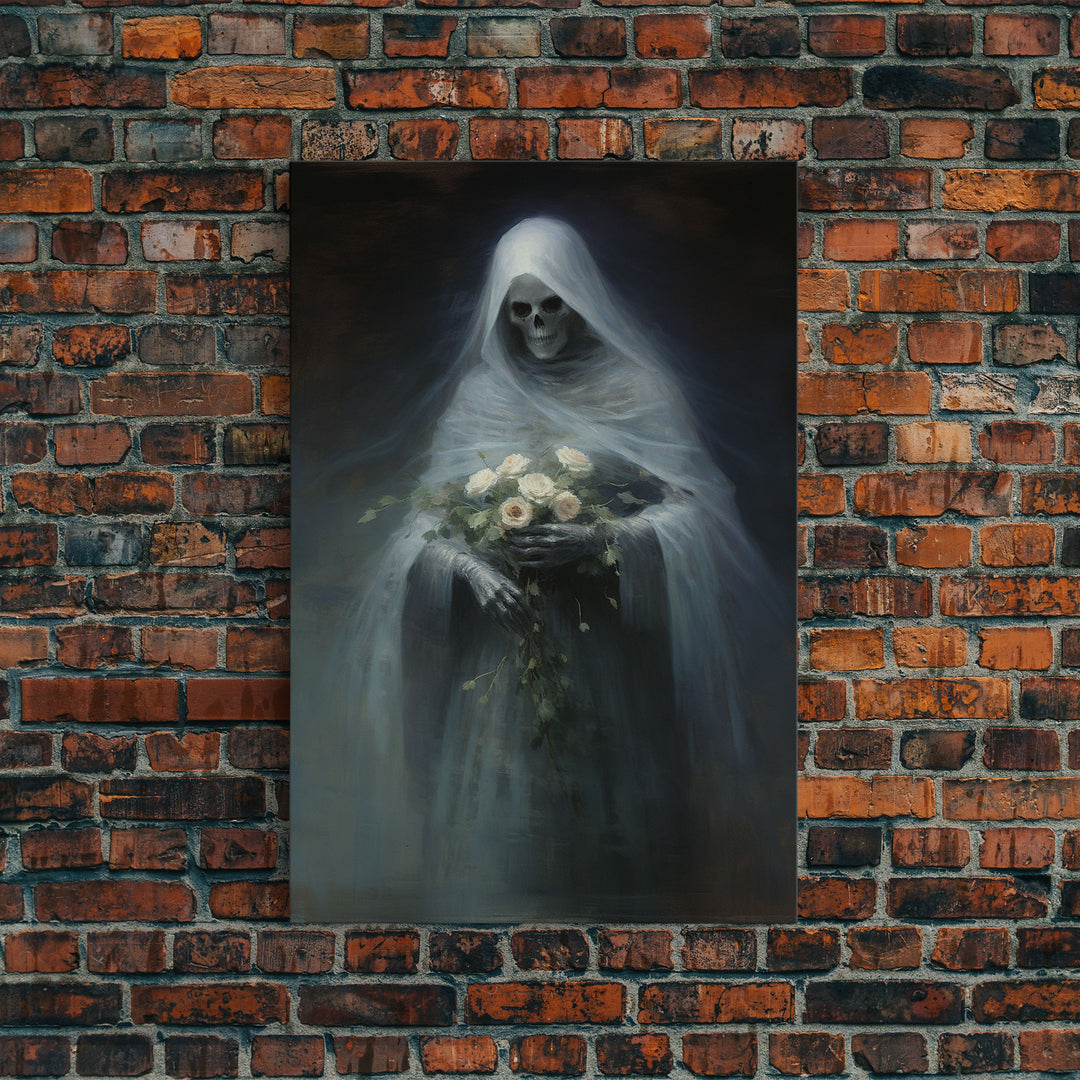 Grim Reaper Holding Flowers, Gothic Halloween Decor, Framed Canvas Print, Scary Horror Art, Goth Decor, Oil Painting, Dark Academia