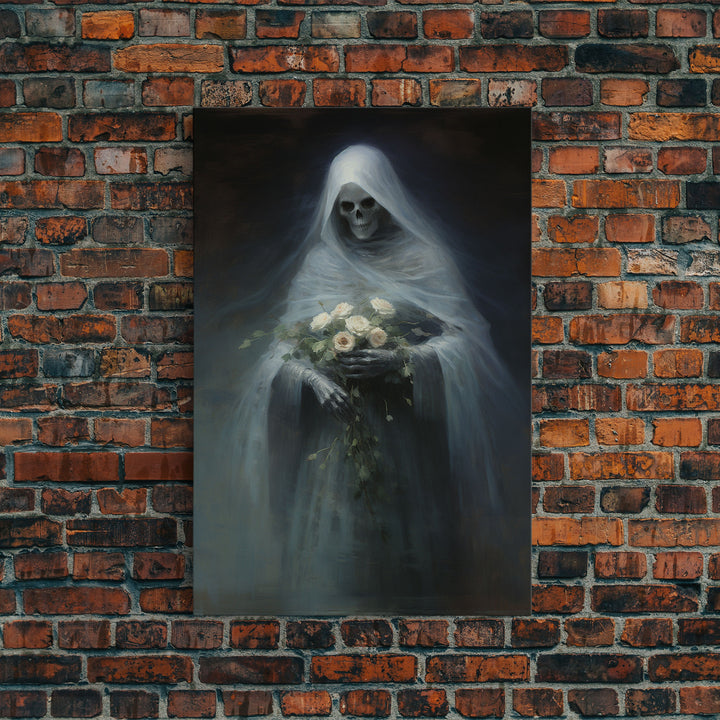 Grim Reaper Holding Flowers, Gothic Halloween Decor, Framed Canvas Print, Scary Horror Art, Goth Decor, Oil Painting, Dark Academia