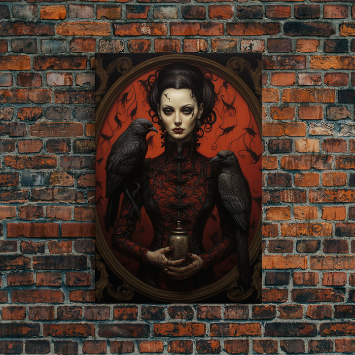 The Witch and Her Crows, Framed Canvas, Oil Painting Print, Halloween Decor, Gothic Art, Dark Academia, Witchcraft Halloween Art, Raven Art