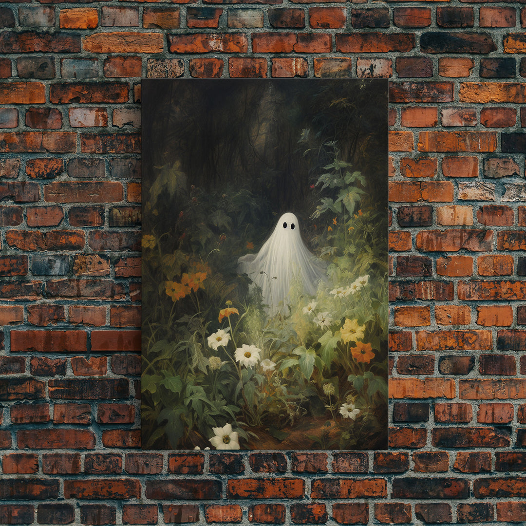 The Ghost Amongst The Flowers, Halloween Canvas Print, Framed Canvas Art, Halloween Decor, Dark Academia, Horror Prints, Oil Painting