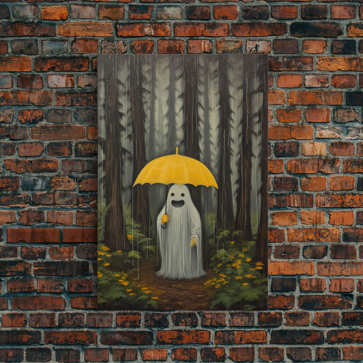 Happy Ghost In The Rain,  Vintage Halloween Canvas, Framed Canvas Print, Cute Wall Art, Who's Haunting Who?