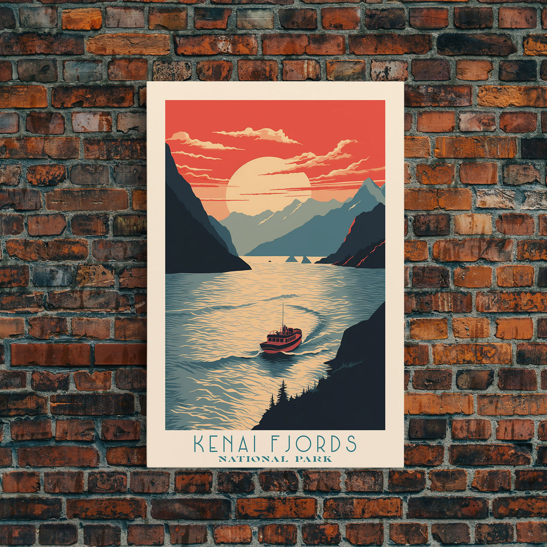 Kenai Fjords National Park Alaska Travel Art, National Park Print, Minimalist Travel Art, Midcentury Modern Style Landscape Painting