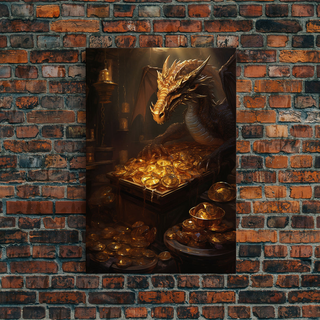 Dragon Art, Fantasy Art, Treasure Chest, Canvas Print, Wall Hanging, Portrait Art, Video Game Art, Nerdy Home Decor, Gift For Friend