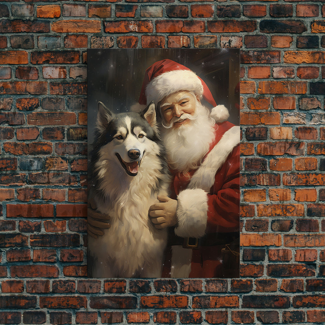 Santa Claus Holding An Alaskan Malamute,  Christmas Wall Art, Dog Gift, Christmas Dog, Winter Wall Art, Santa Decor, Santa Art Print