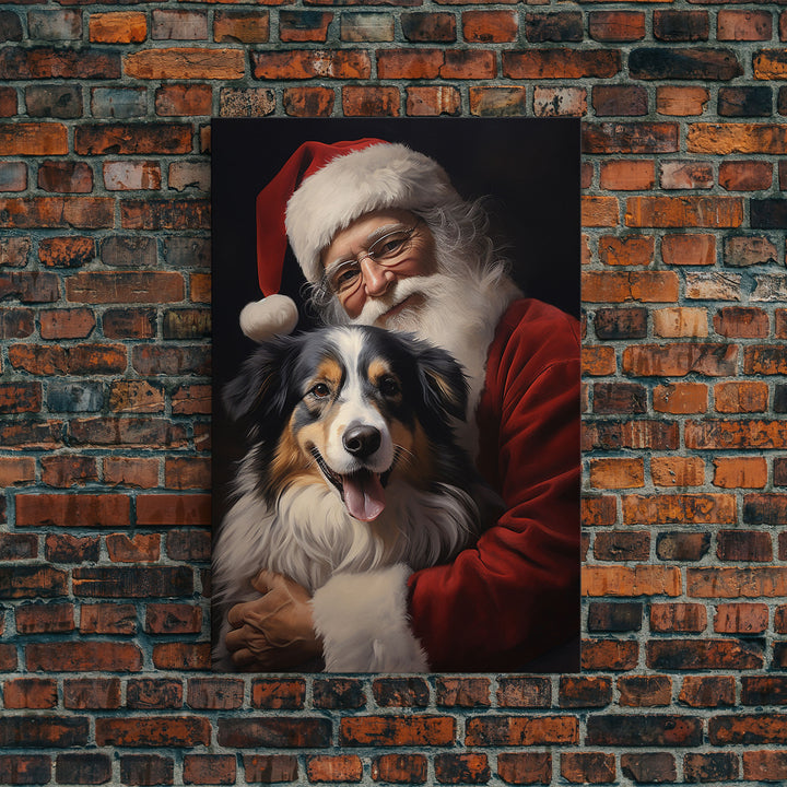 Santa Claus And His Australian Shepherd, Christmas Wall Art, Dog Gift, Christmas Dog, Winter Wall Art, Santa Decor, Santa Art Print