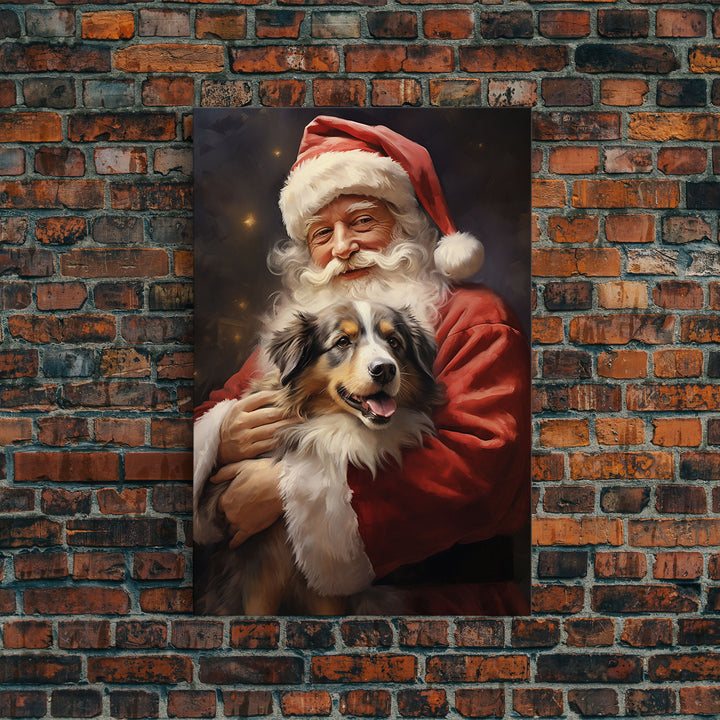 Santa Claus And His Australian Shepherd, Christmas Wall Art, Dog Gift, Christmas Dog, Winter Wall Art, Santa Decor, Santa Art Print