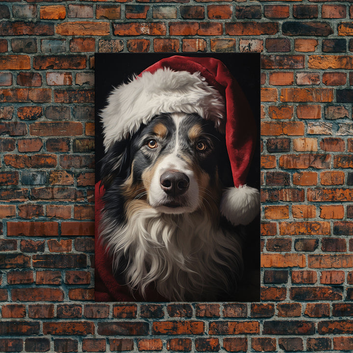 Portrait Of An Australian Shepherd In A Santa Hat, Christmas Art, Christmas Decor, Christmas Wall Art, Christmas Painting, Vintage Christmas
