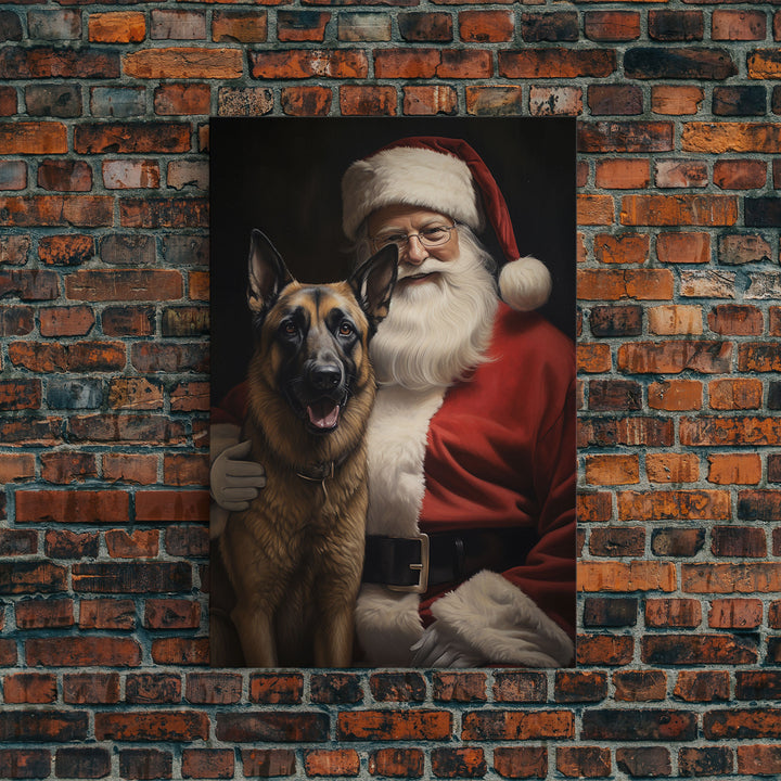 Santa Claus and his Belgian Malinois, Cute Dog Art, Framed Canvas Print, Christmas Art, Christmas Decor, Christmas Art Print, Cute Dog Print