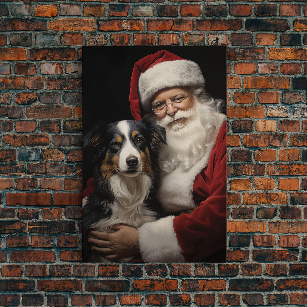 Santa Claus And His Border Collie, Christmas Wall Art, Dog Gift, Christmas Dog, Winter Wall Art, Santa Decor, Santa Art Print, Cute Dog