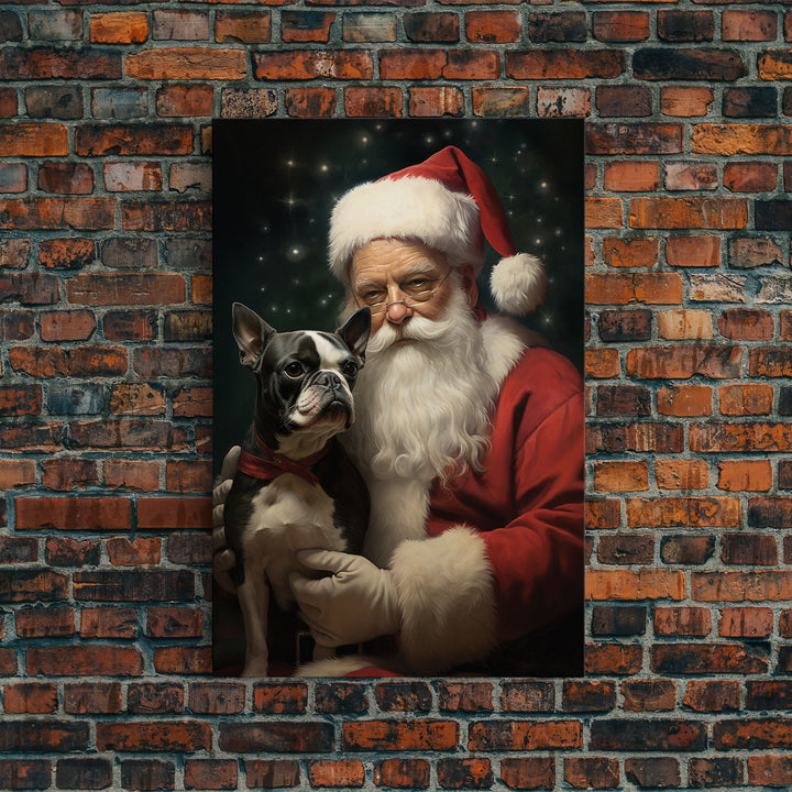 Santa Claus And His Boston Terrier, Christmas Wall Art, Dog Gift, Christmas Dog, Winter Wall Art, Santa Decor, Santa Art Print, Cute Dog