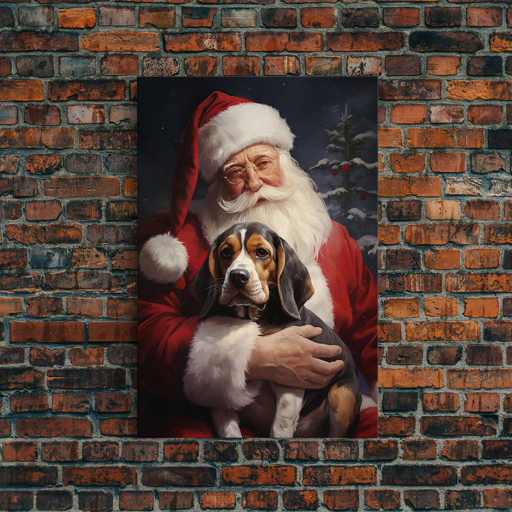 Santa Claus and his Beagle, Cute Dog Art, Framed Canvas Print, Christmas Art, Christmas Decor, Christmas Art Print, Christmas Wall Art