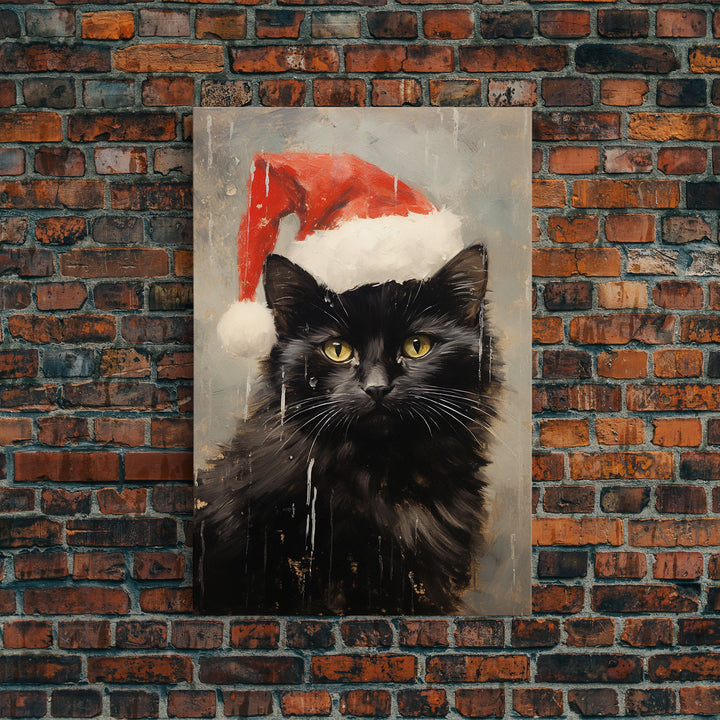 Christmas Cat In A Christmas Hat, Farmhouse Christmas, Farmhouse Decor, Framed Canvas Print, Seasonal Wall Art, Winter Decor, Christmas Art