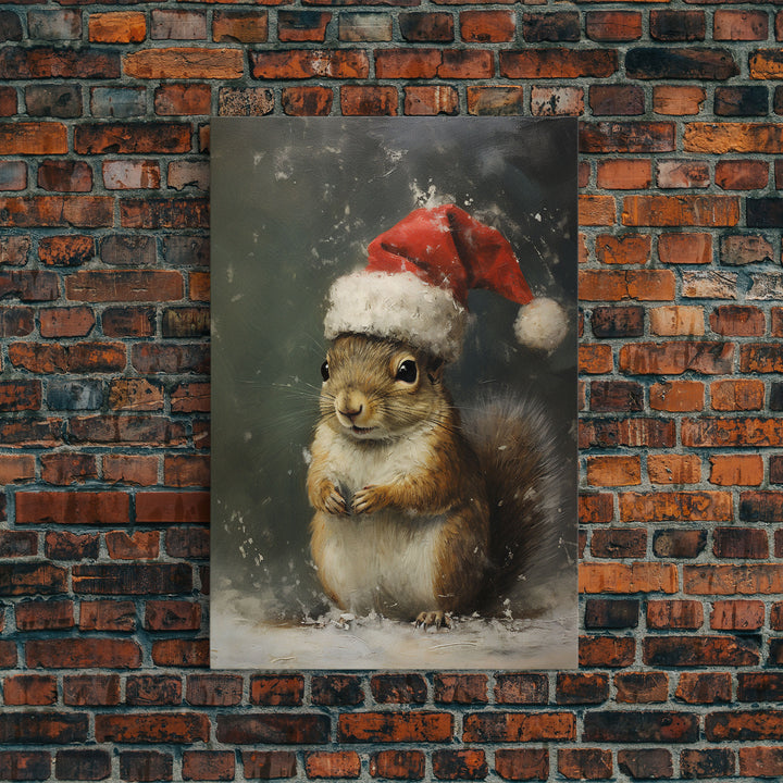 Cute Christmas Squirrel In A Santa Hat, Christmas Art, Christmas Decor, Christmas Wall Art, Farmhouse Christmas, Vintage Christmas Woodland