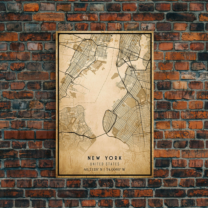 Old New York City Map Wall Art Canvas Print, Vintage Style New York City Map, Framed Wall Art, Cool NYC New York Wall Art, Office Decor