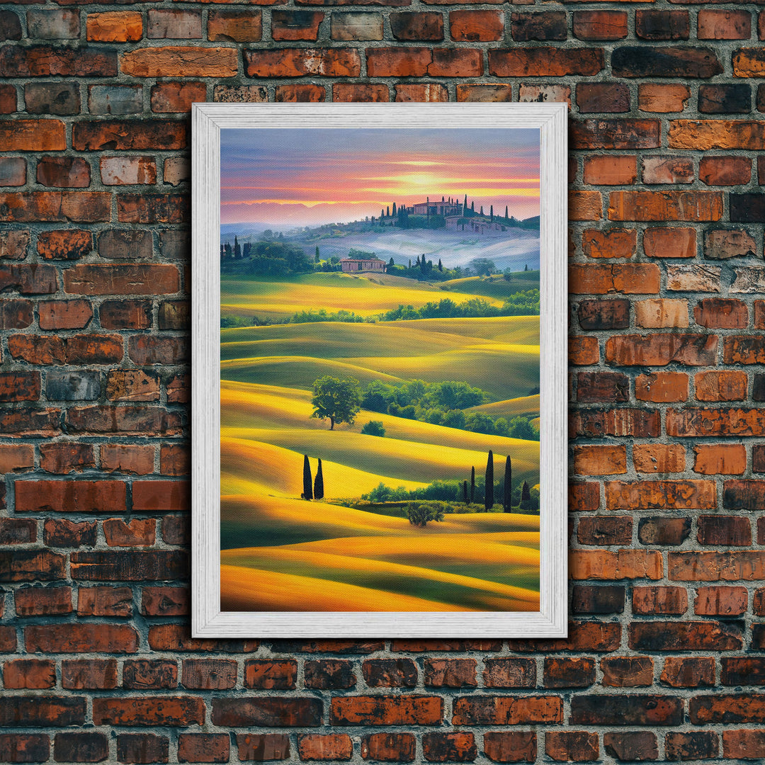 Italian Countryside at Sunset, Italy Art, Framed Canvas Print, Ready To Hang Framed Wall Art, Living Room Wall Hanging