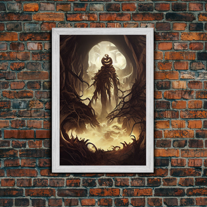 Haunted Scarecrow, Spooky Halloween Art, Framed Canvas Print, Ready To Hang Framed Wall Art, Living Room Wall Hanging