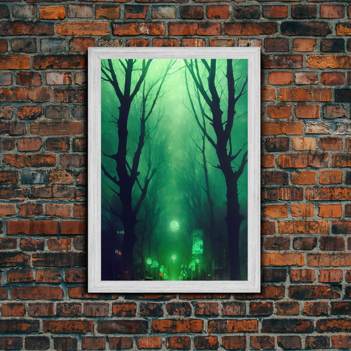 Emerald green city streets under a full moon, cool spooky art, framed canvas print