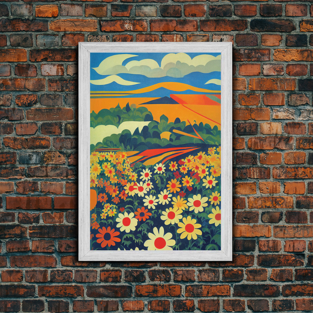 Surrealist field of daisy flowers, daisies, psychedelic art, Framed Canvas Print, Ready To Hang Framed Wall Art