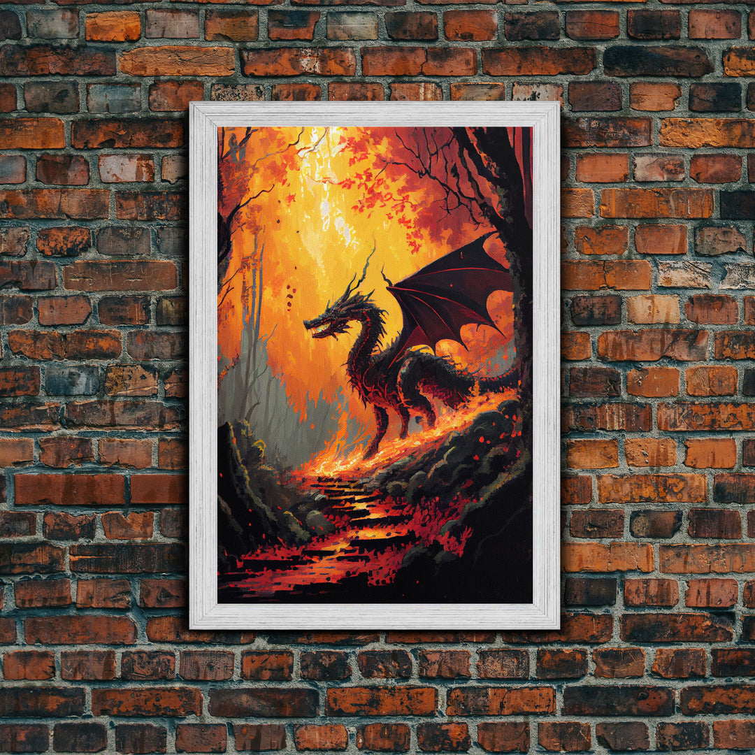 Fiery Dragon Burning Down Forest Canvas Print - Mystical Fantasy Wall Art Home Decor Artwork