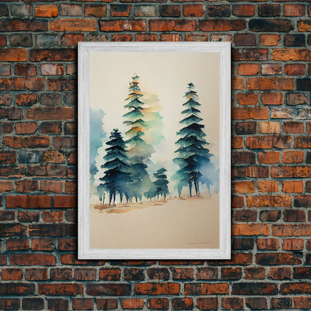 Mysterious Pine Tree Forest Watercolor Canvas Print - Nature Wall Art Home Decor Artwork, Framed Canvas Print