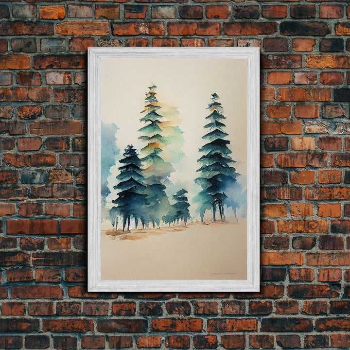 Mysterious Pine Tree Forest Watercolor Canvas Print - Nature Wall Art Home Decor Artwork, Framed Canvas Print