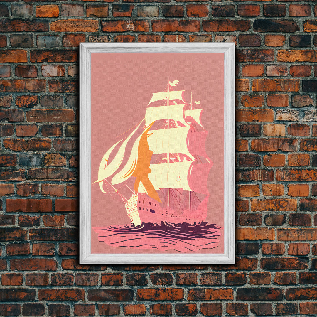 Pastel pirate ship, pink boat, vaporwave pirate ship, framed canvas print, framed wall art