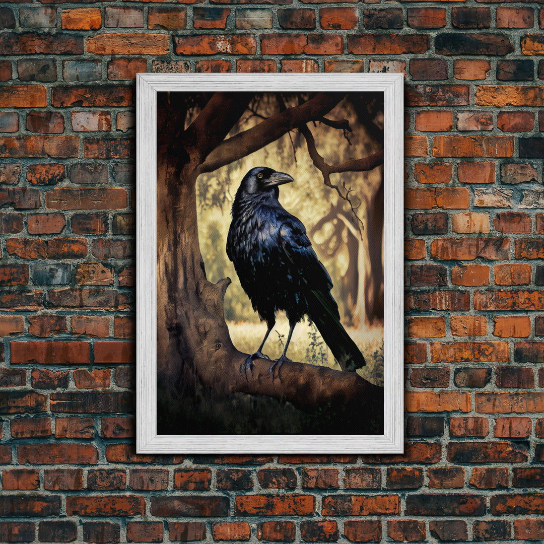 Portrait of a raven, cool crow art, framed canvas print