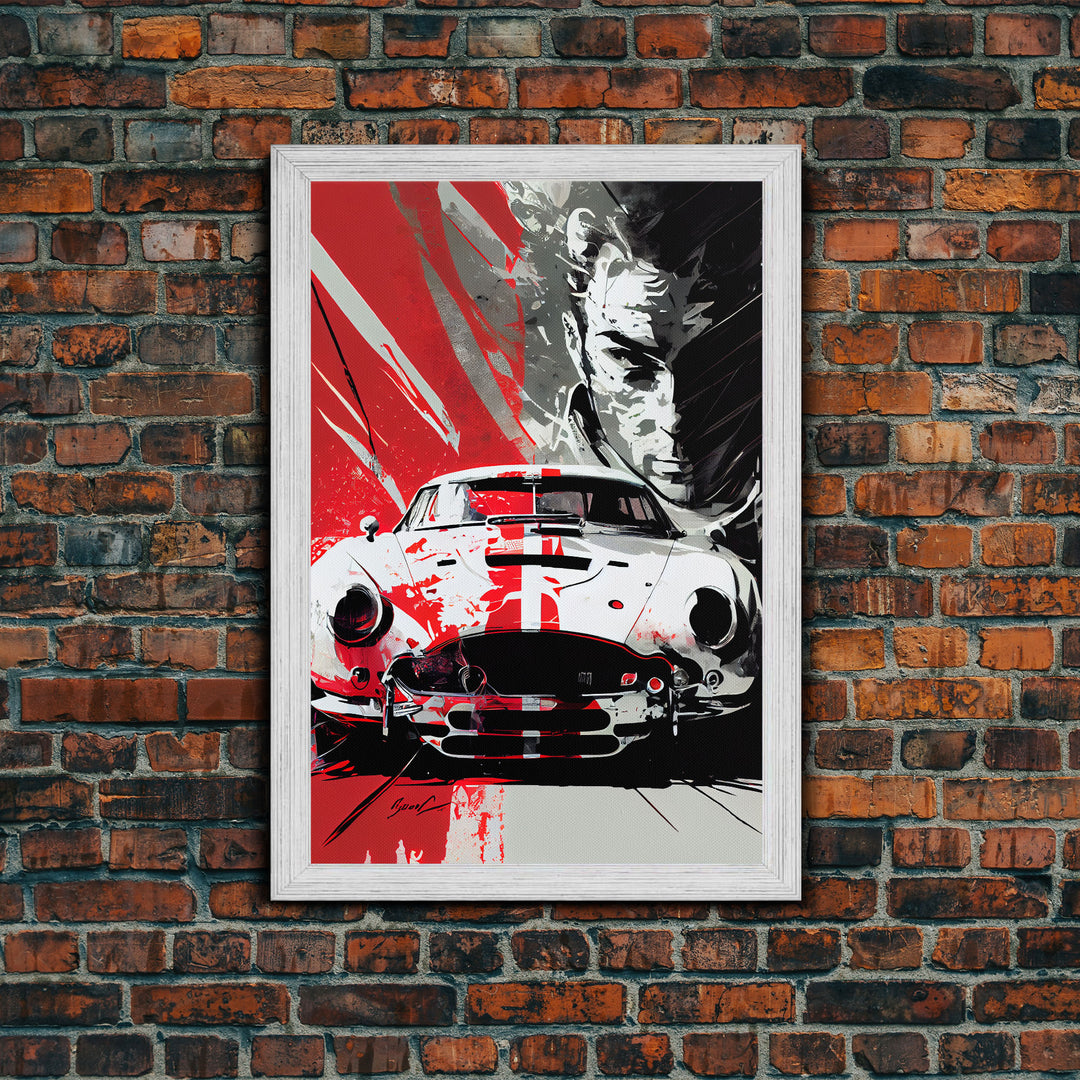 Vintage sports car graffiti art, framed canvas print, wall decor, mancave art