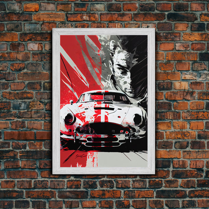 Vintage sports car graffiti art, framed canvas print, wall decor, mancave art