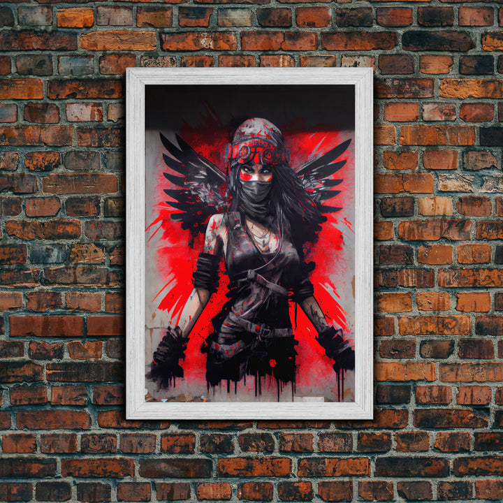 Graffiti angel art, framed canvas print, urban art