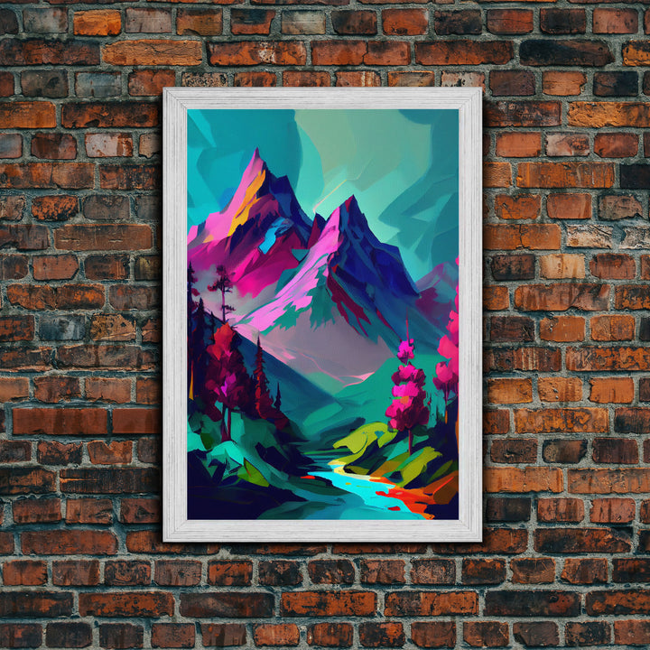 Vibrant Vaporwave Mountain Watercolor Wall Art Canvas Print - Colorful Nature Scene Artwork