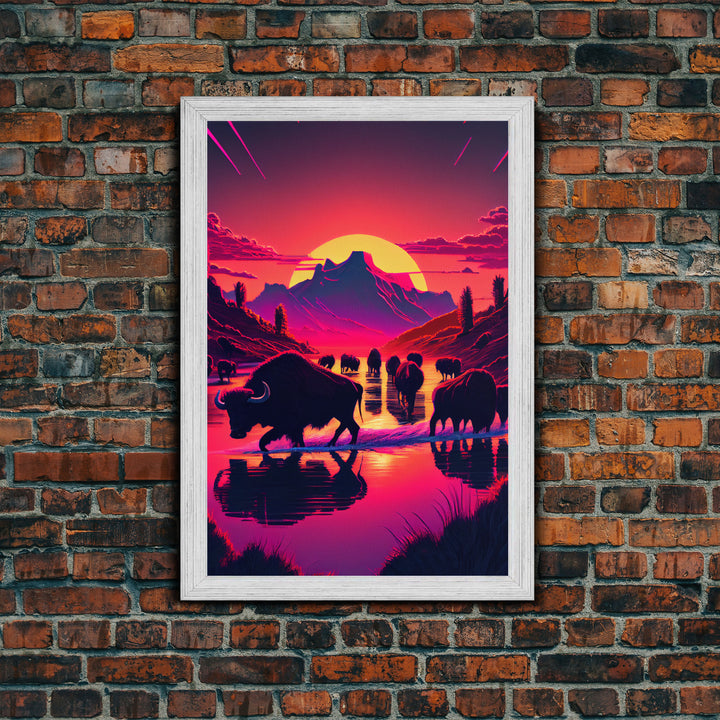 North American Buffalo at Sunset, Western Decor, framed canvas print, bison art, primitive farmhouse decor