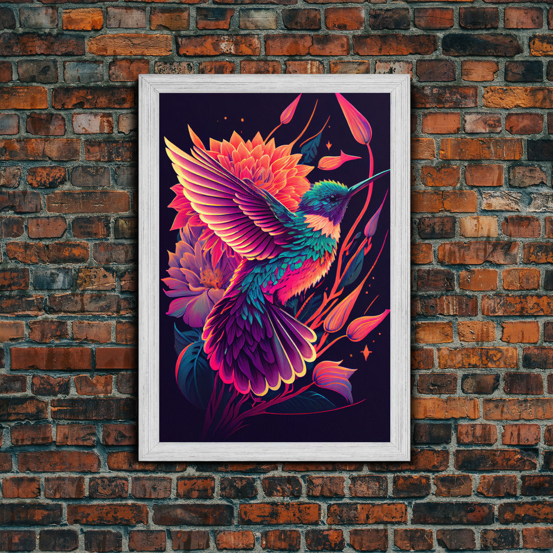 Beautiful Retro-Wave Humming Bird, framed canvas print, Colorful farmhouse wall art